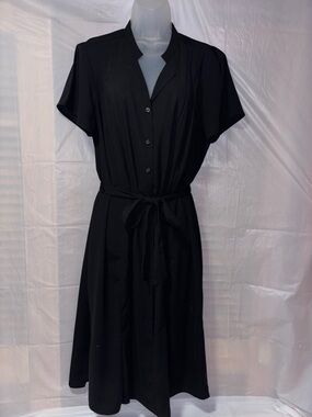 Dana Buchman Black T-Shirt Dress w/Tie Waist Two Pockets and Side Slits